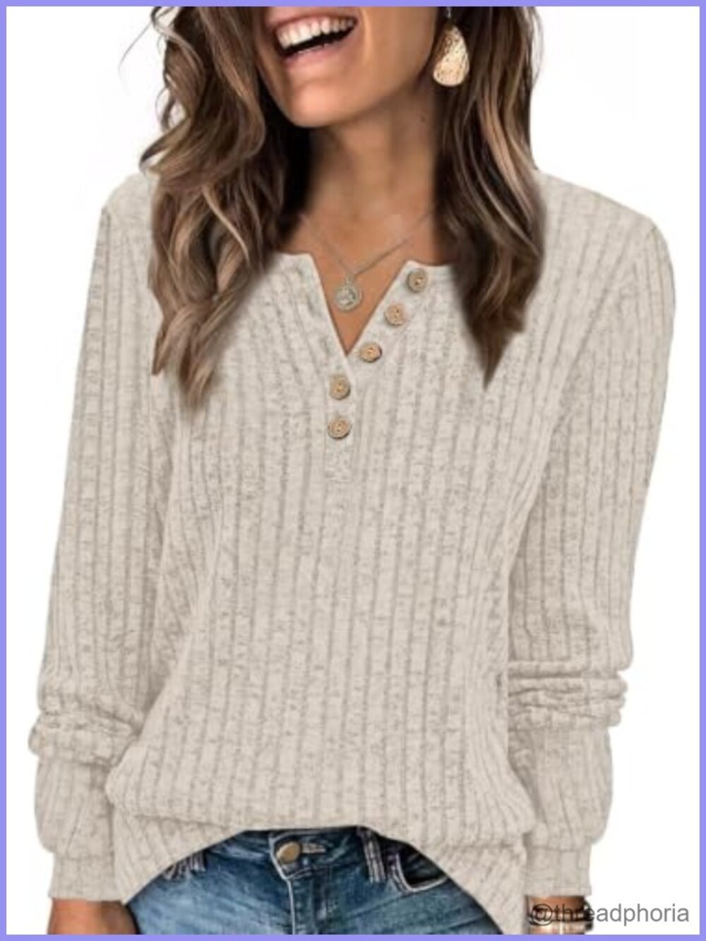 Women's Button Front Tunic Sweater Long Sleeve Crew Neck Pullover
